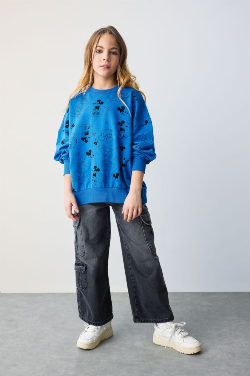 Kız Çocuk - Genç Kız Mavi Kız Çocuk Disney Mickey & Minnie Oversize Geniş Kalıp Bisiklet Yaka Sweatshirt