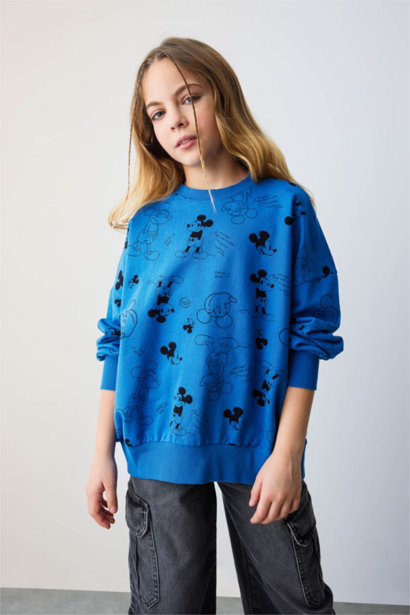Kız Çocuk - Genç Kız Mavi Kız Çocuk Disney Mickey & Minnie Oversize Geniş Kalıp Bisiklet Yaka Sweatshirt