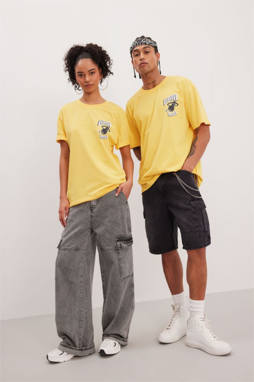 رجالي أصفر تيشيرت أوفر سايز برقبة مستديرة من ميامي هيت DeFactoFit