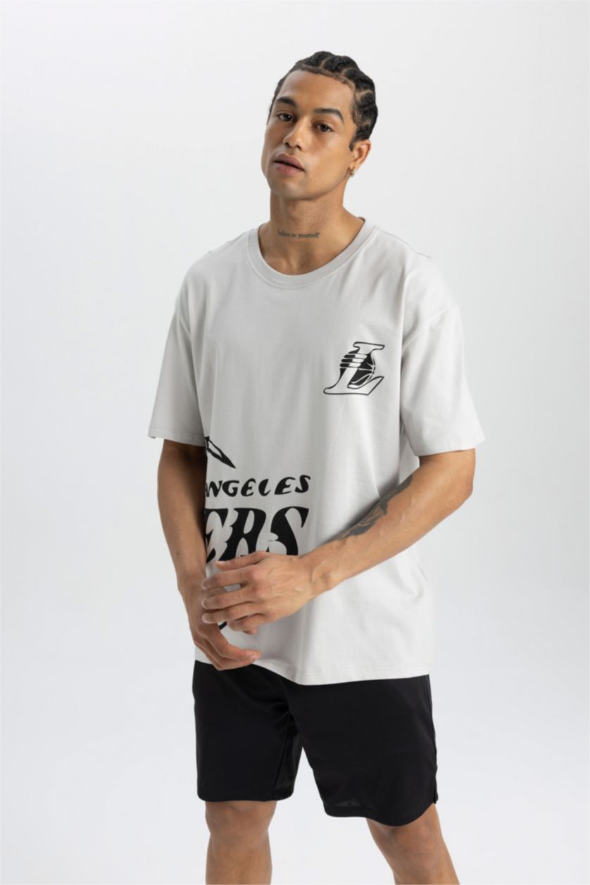 HOMME Gris Clair T-Shirt Oversize Col Rond Manches Courtes Nba Los Angeles Lakers Defactofit