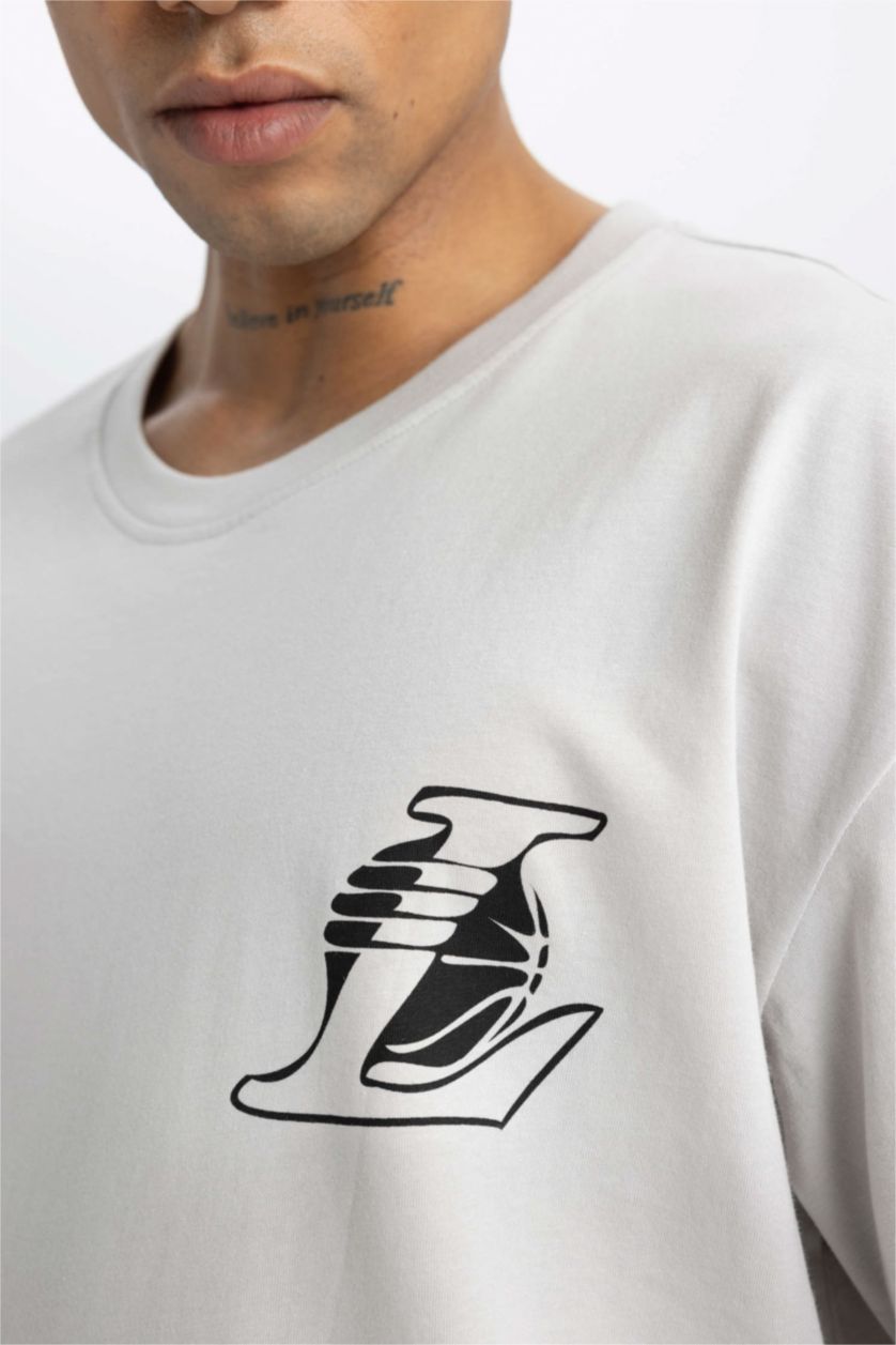 HOMME Gris Clair T-Shirt Oversize Col Rond Manches Courtes Nba Los Angeles Lakers Defactofit