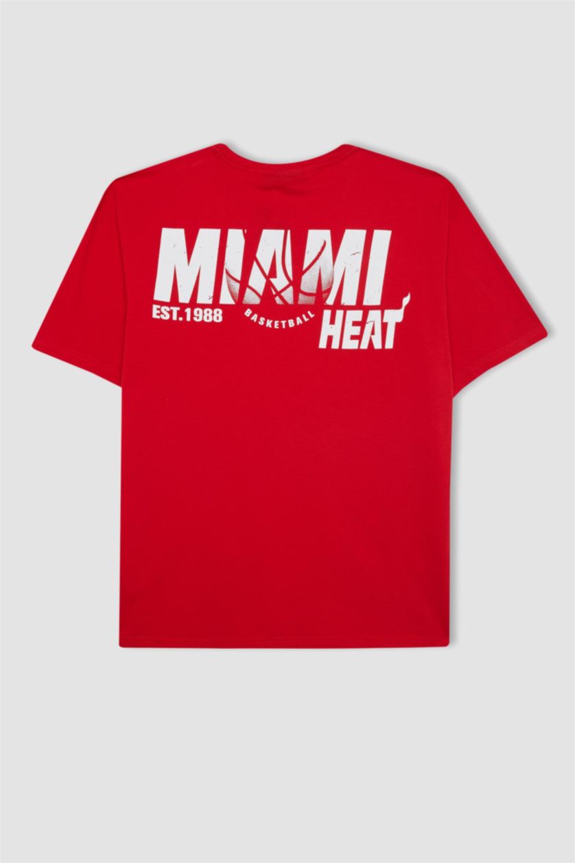 Erkek Kırmızı DeFactoFit NBA Miami Heat Boxy Fit Bisiklet Yaka Kısa Kollu Tişört