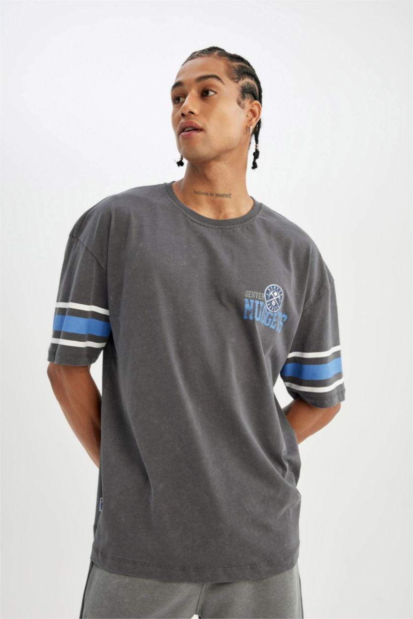 Erkek Antrasit NBA Denver Nuggets Oversize Geniş Kalıp Bisiklet Yaka Ağır Kumaş Kısa Kollu Tişört