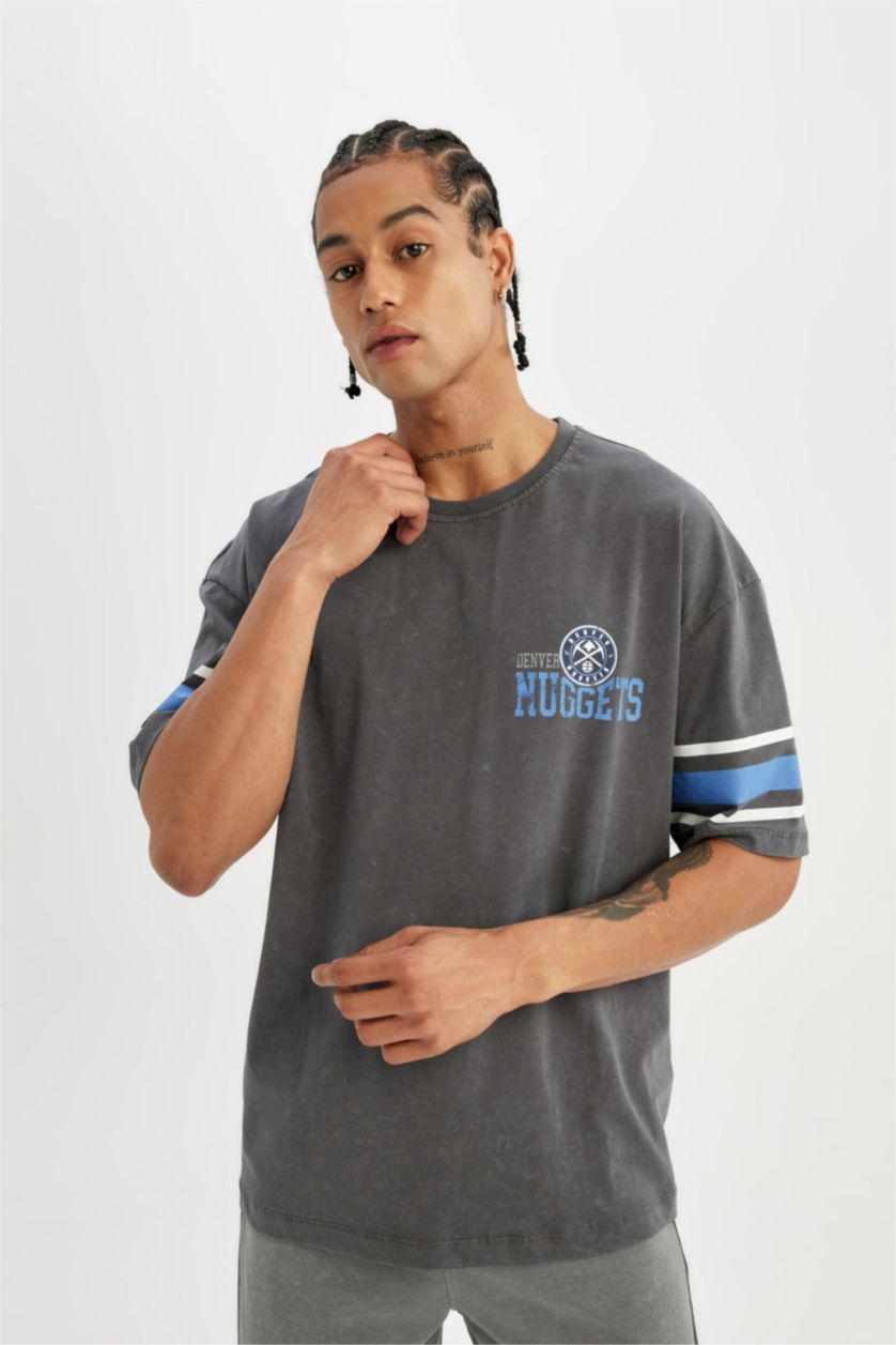 Erkek Antrasit NBA Denver Nuggets Oversize Geniş Kalıp Bisiklet Yaka Ağır Kumaş Kısa Kollu Tişört