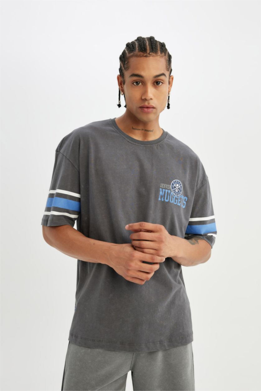 Erkek Antrasit NBA Denver Nuggets Oversize Geniş Kalıp Bisiklet Yaka Ağır Kumaş Kısa Kollu Tişört