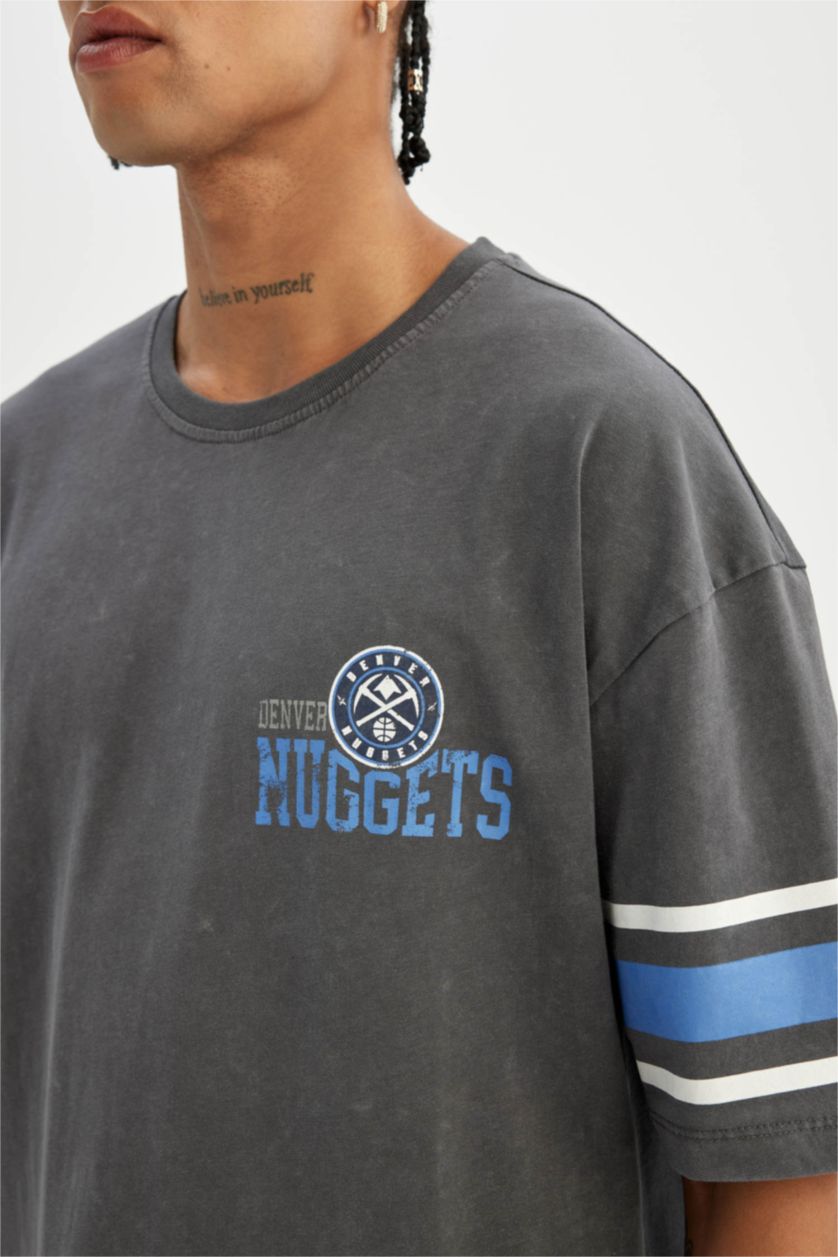 Erkek Antrasit NBA Denver Nuggets Oversize Geniş Kalıp Bisiklet Yaka Ağır Kumaş Kısa Kollu Tişört