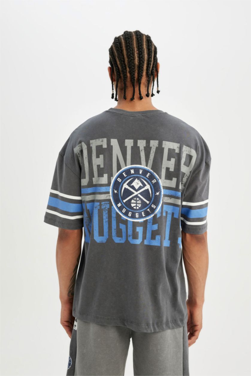 Erkek Antrasit NBA Denver Nuggets Oversize Geniş Kalıp Bisiklet Yaka Ağır Kumaş Kısa Kollu Tişört