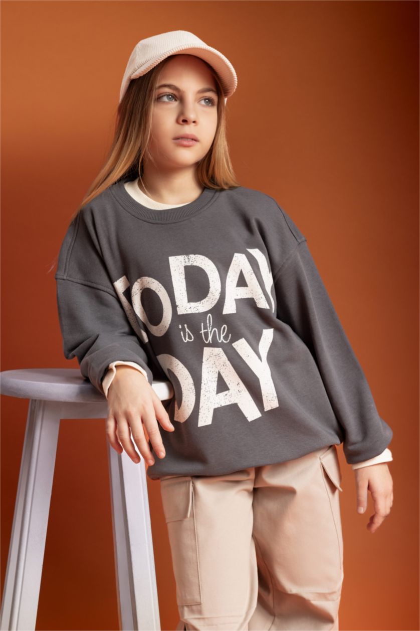 GIRLS & TEENS Anthracite Girl Oversize Fit Crew Neck Printed Sweatshirt
