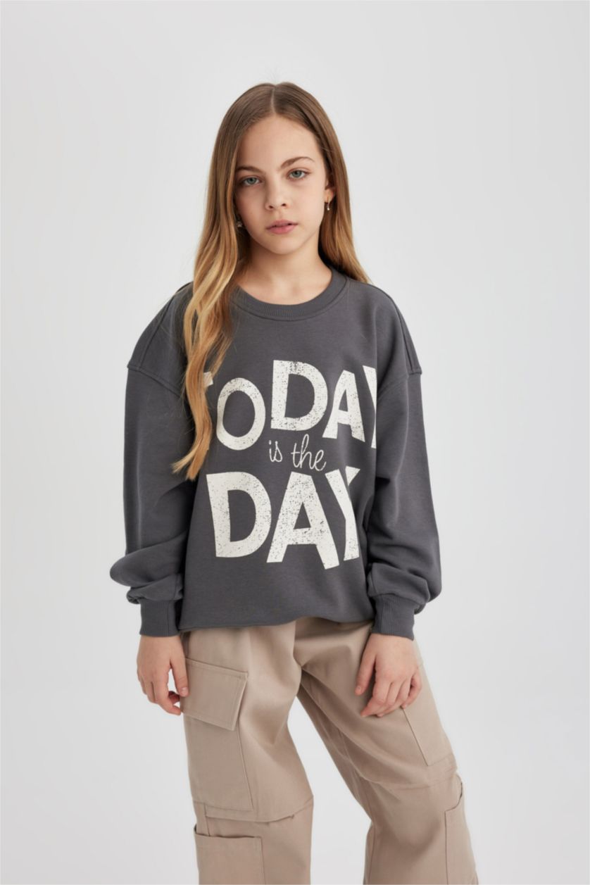 GIRLS & TEENS Anthracite Girl Oversize Fit Crew Neck Printed Sweatshirt