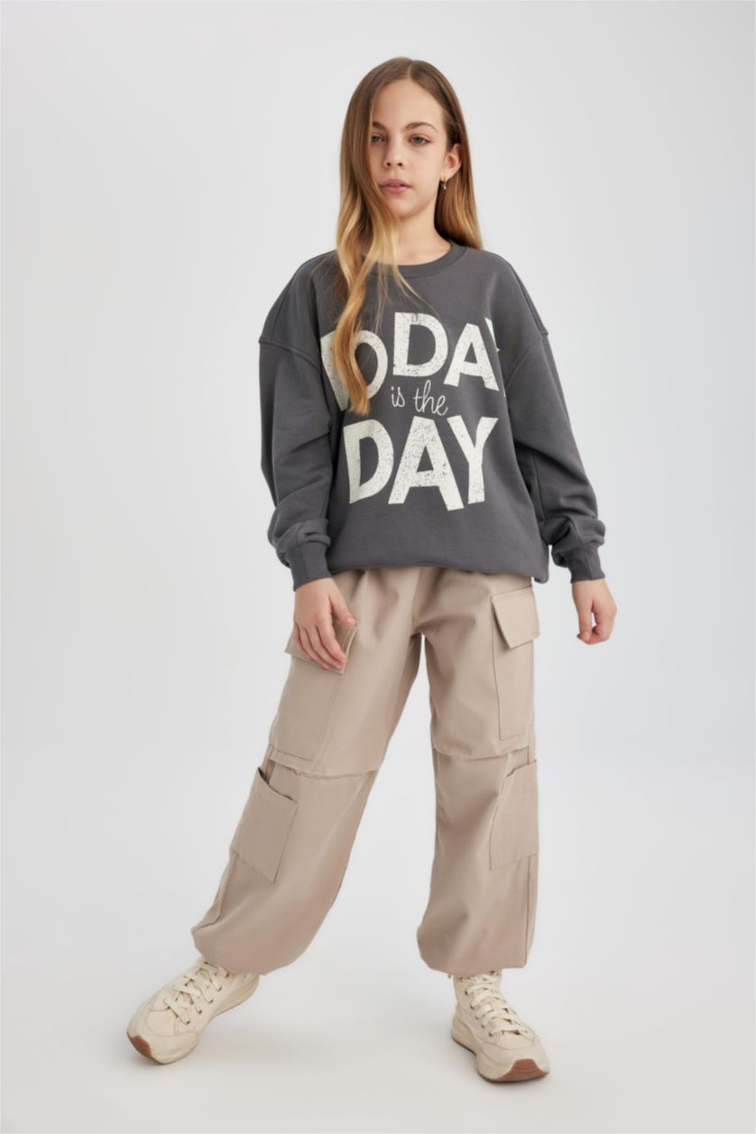 GIRLS & TEENS Anthracite Girl Oversize Fit Crew Neck Printed Sweatshirt