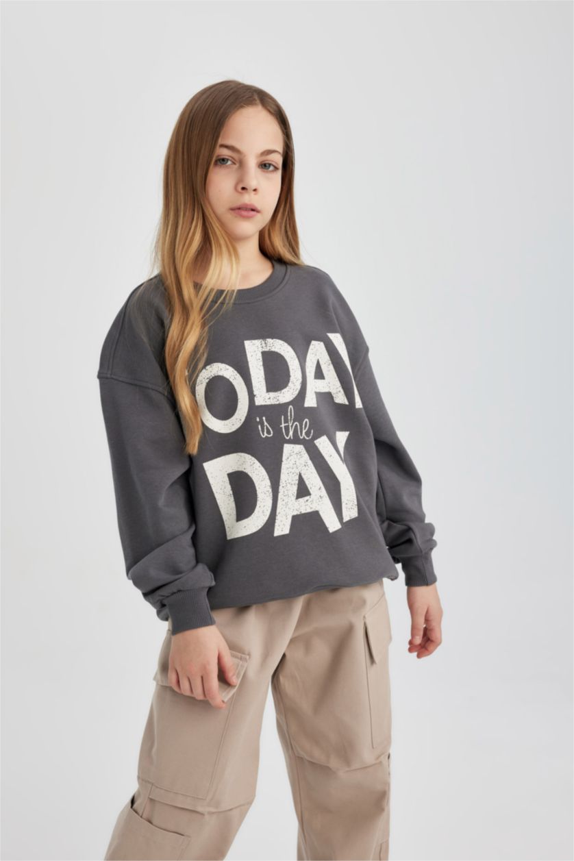 GIRLS & TEENS Anthracite Girl Oversize Fit Crew Neck Printed Sweatshirt