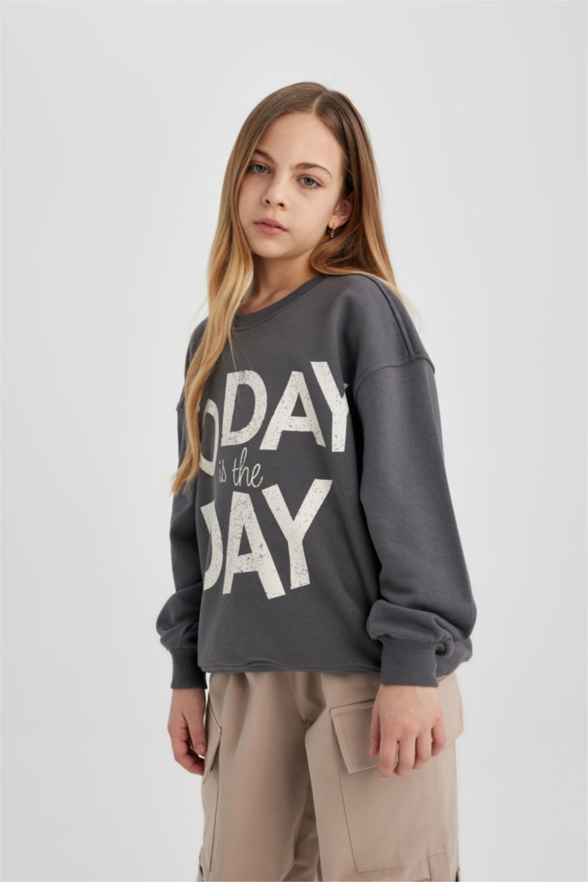 GIRLS & TEENS Anthracite Girl Oversize Fit Crew Neck Printed Sweatshirt
