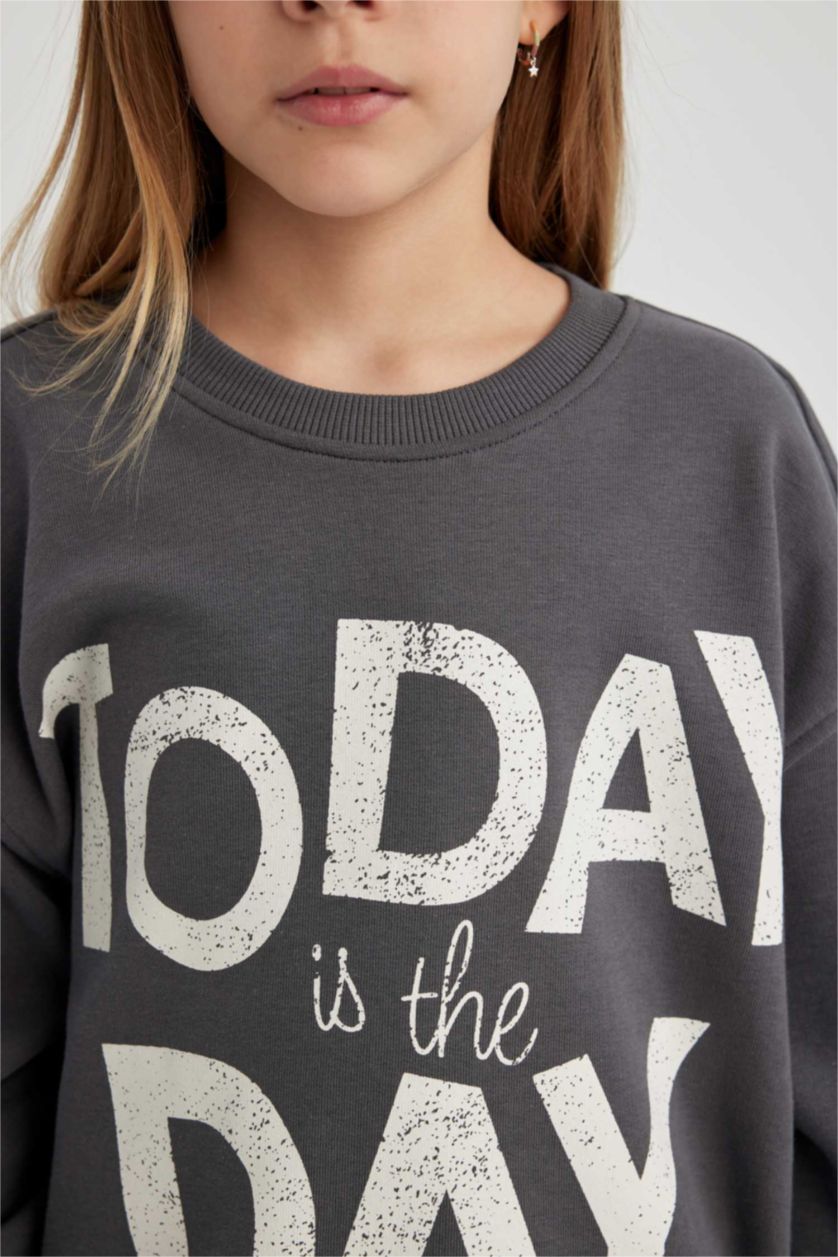 GIRLS & TEENS Anthracite Girl Oversize Fit Crew Neck Printed Sweatshirt