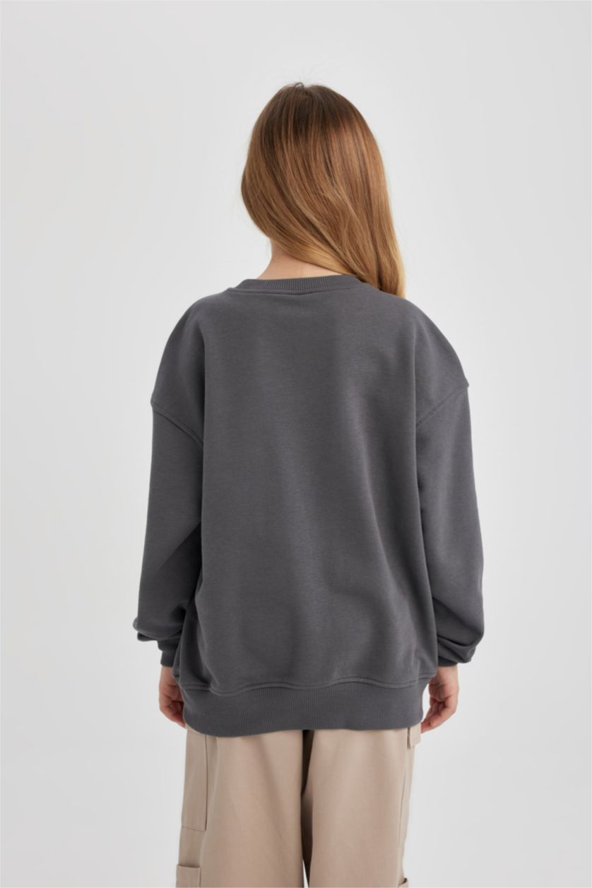 GIRLS & TEENS Anthracite Girl Oversize Fit Crew Neck Printed Sweatshirt