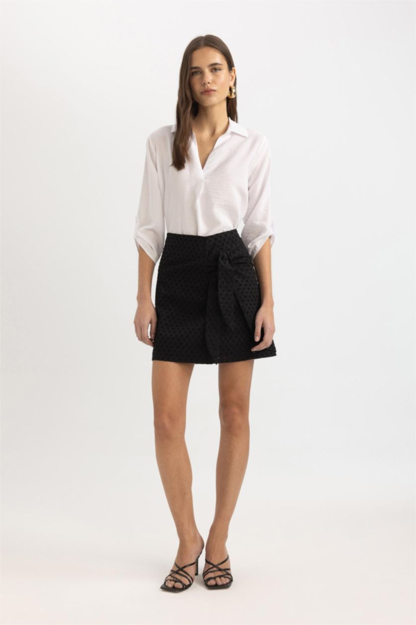 Woman Black Normal Waist Lined Embroidery Mini Skirt