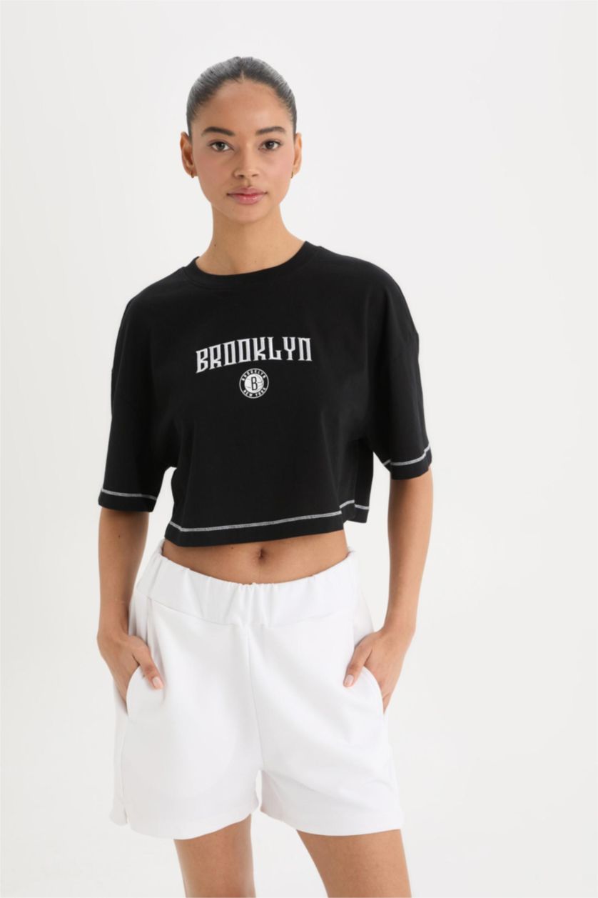 حريمي أسود تيشيرت نص كم برقبة مستديرة من DeFactoFit NBA Brooklyn Nets