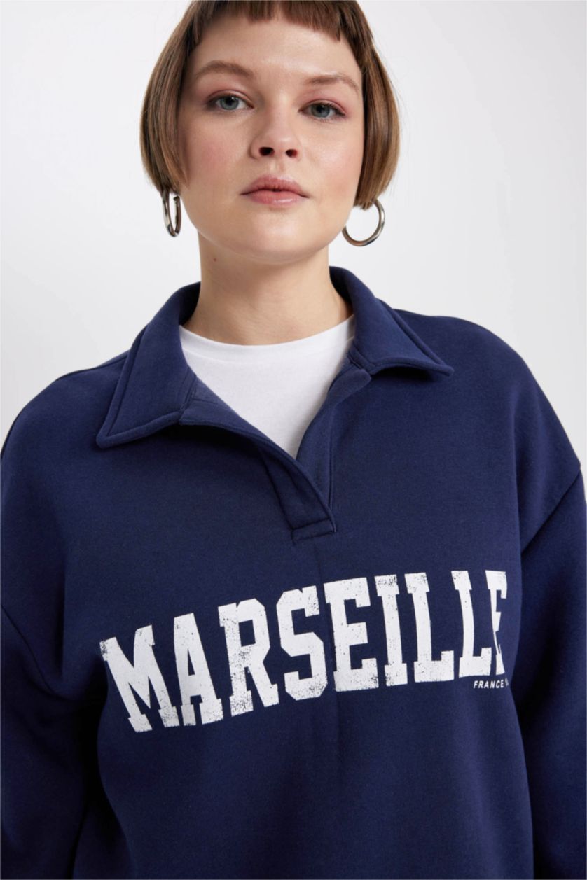 Kadın Lacivert Relax Fit Düğmeli Polo Yaka Üniversite Baskılı Kalın Sweatshirt