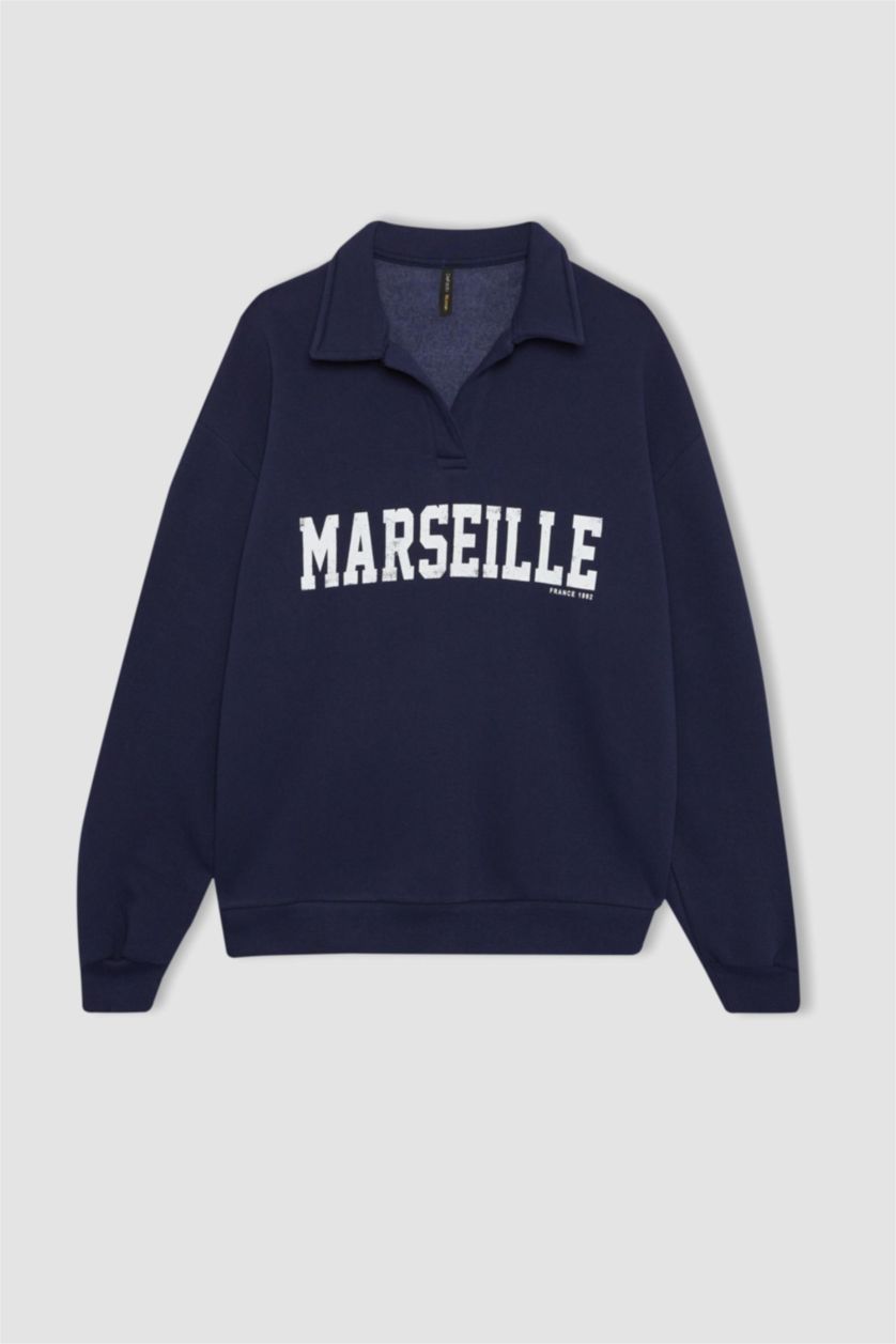 Kadın Lacivert Relax Fit Düğmeli Polo Yaka Üniversite Baskılı Kalın Sweatshirt