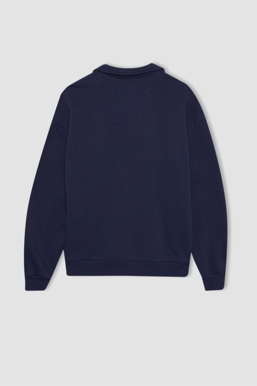 Kadın Lacivert Relax Fit Düğmeli Polo Yaka Üniversite Baskılı Kalın Sweatshirt