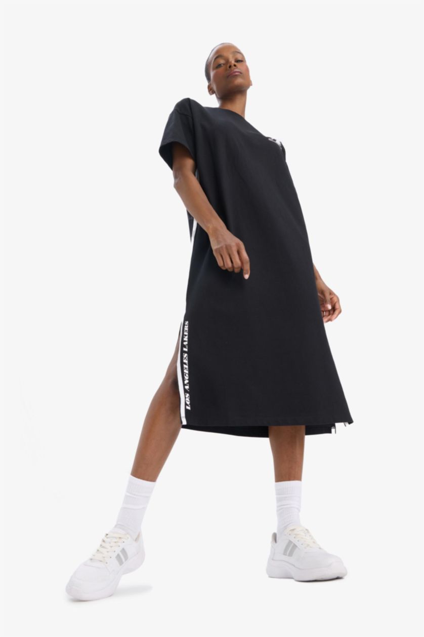 Kadın Siyah NBA Los Angeles Lakers Oversize Geniş Kalıp Kısa Kollu Pike Midi Elbise
