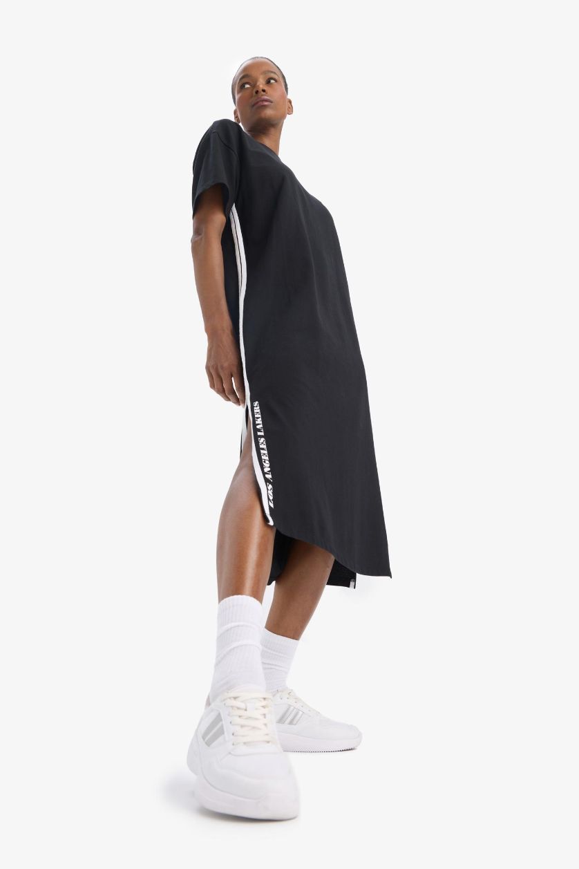 Kadın Siyah NBA Los Angeles Lakers Oversize Geniş Kalıp Kısa Kollu Pike Midi Elbise