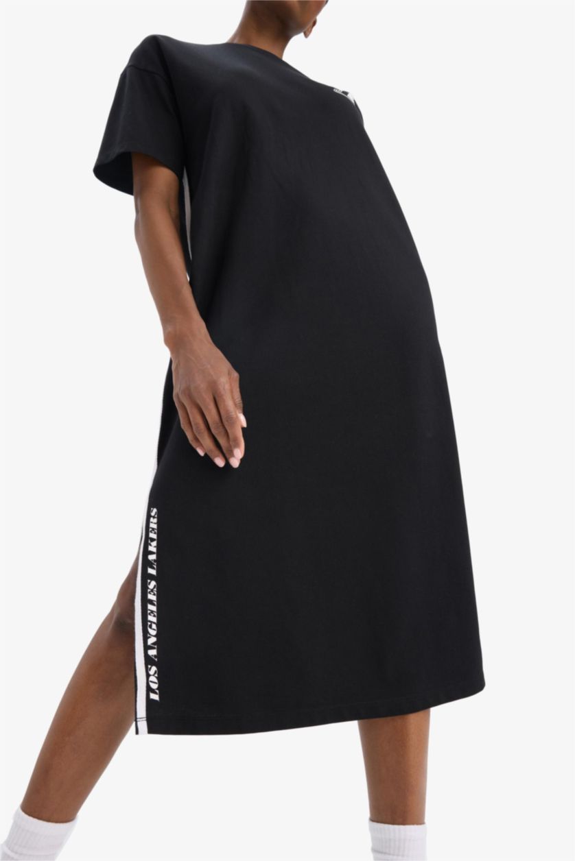 Kadın Siyah NBA Los Angeles Lakers Oversize Geniş Kalıp Kısa Kollu Pike Midi Elbise
