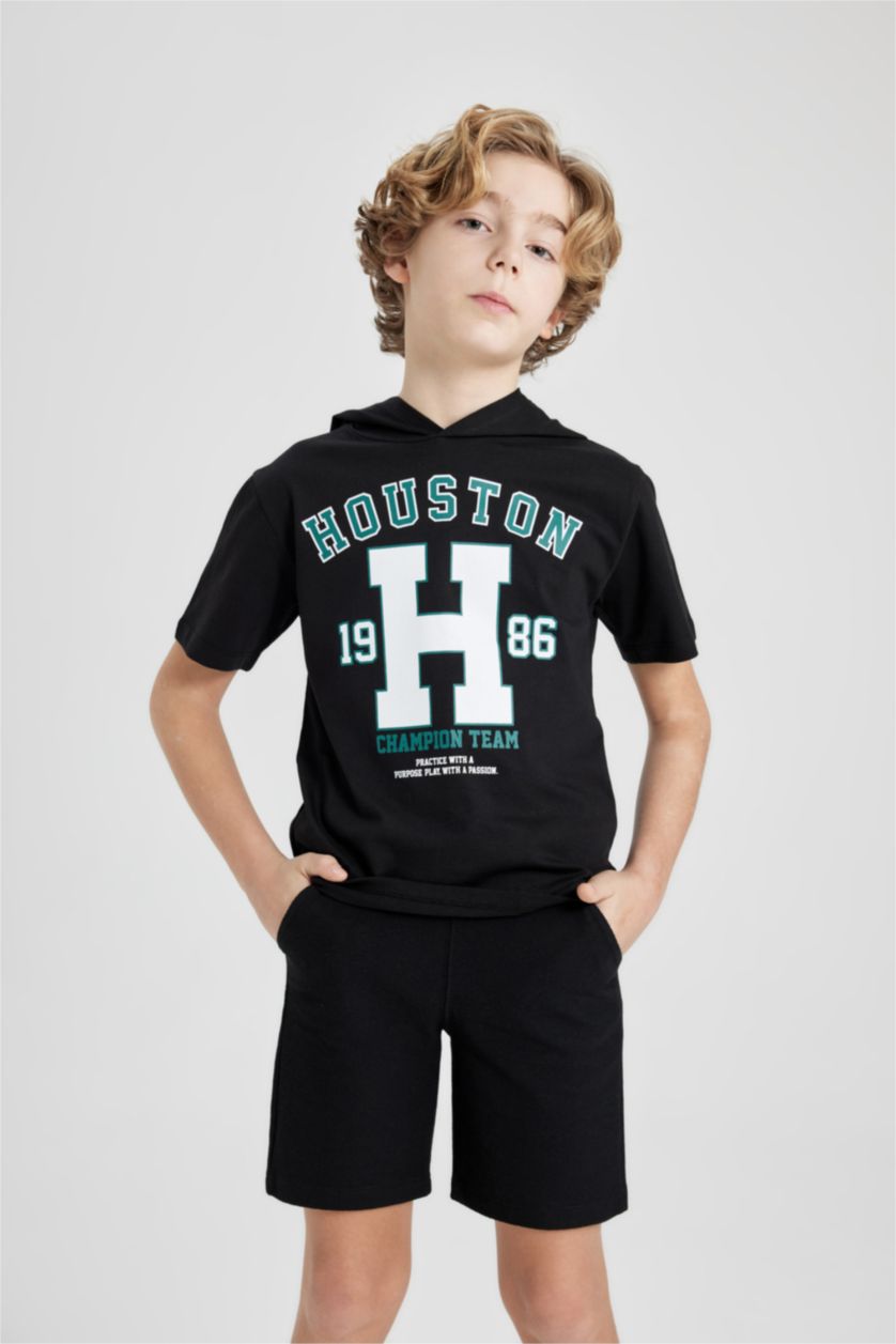 Erkek Çocuk - Genç Erkek Siyah Erkek Çocuk 2'li Takım Baskılı Kapüşonlu Kısa Kollu Tişört Şort