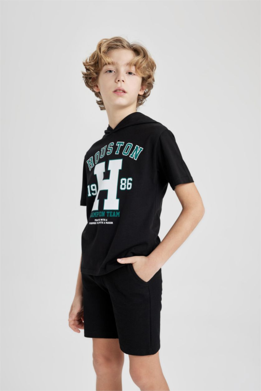 Erkek Çocuk - Genç Erkek Siyah Erkek Çocuk 2'li Takım Baskılı Kapüşonlu Kısa Kollu Tişört Şort