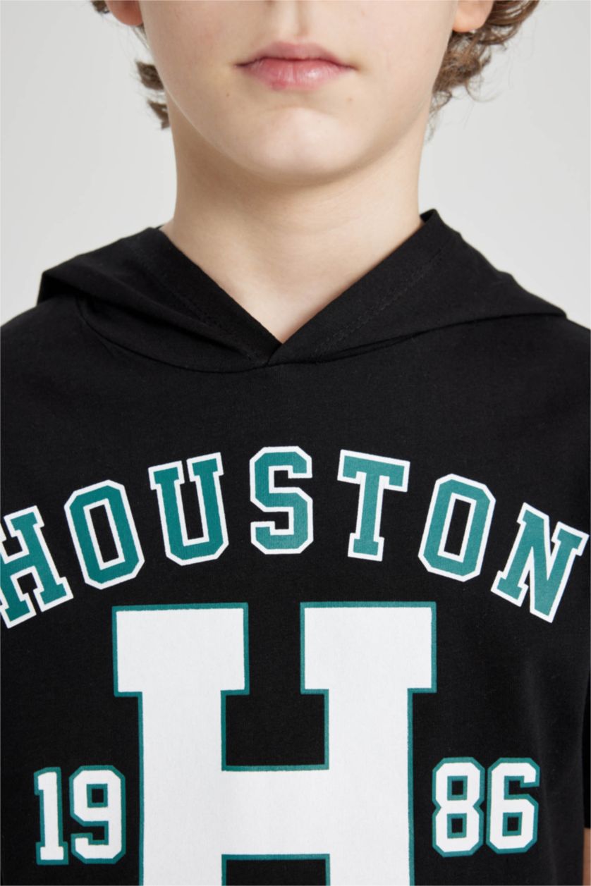 Erkek Çocuk - Genç Erkek Siyah Erkek Çocuk 2'li Takım Baskılı Kapüşonlu Kısa Kollu Tişört Şort