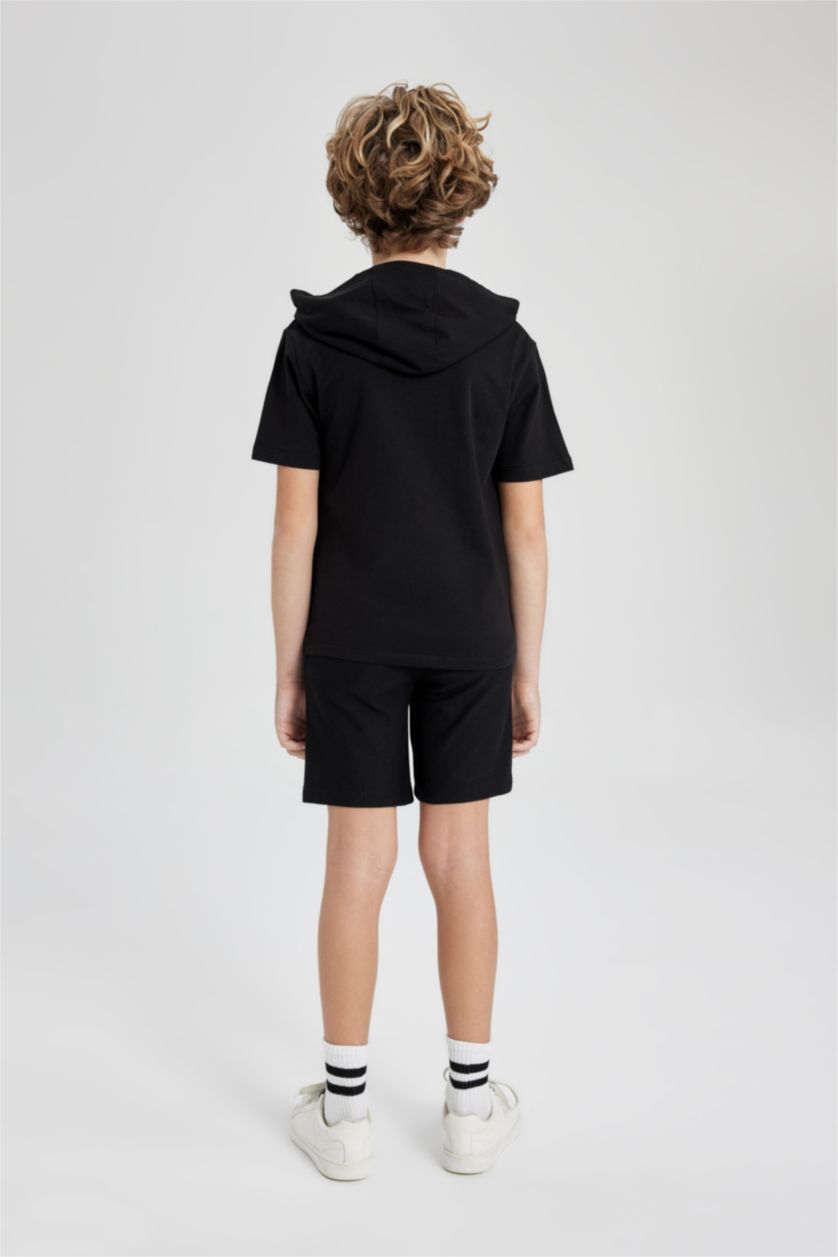Erkek Çocuk - Genç Erkek Siyah Erkek Çocuk 2'li Takım Baskılı Kapüşonlu Kısa Kollu Tişört Şort