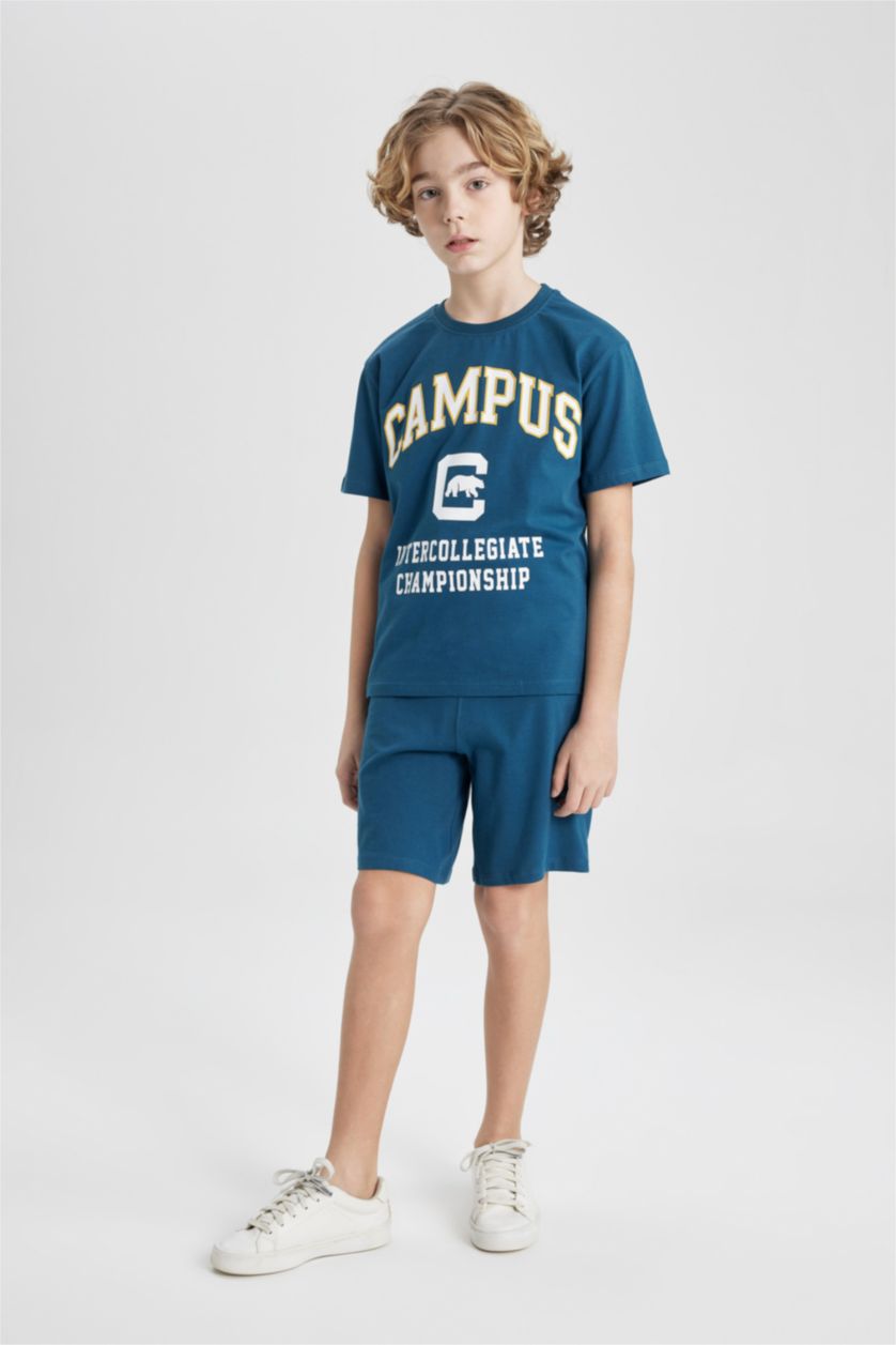 Erkek Çocuk - Genç Erkek Petrol Erkek Çocuk 2'li Takım Baskılı Kısa Kollu Tişört Şort