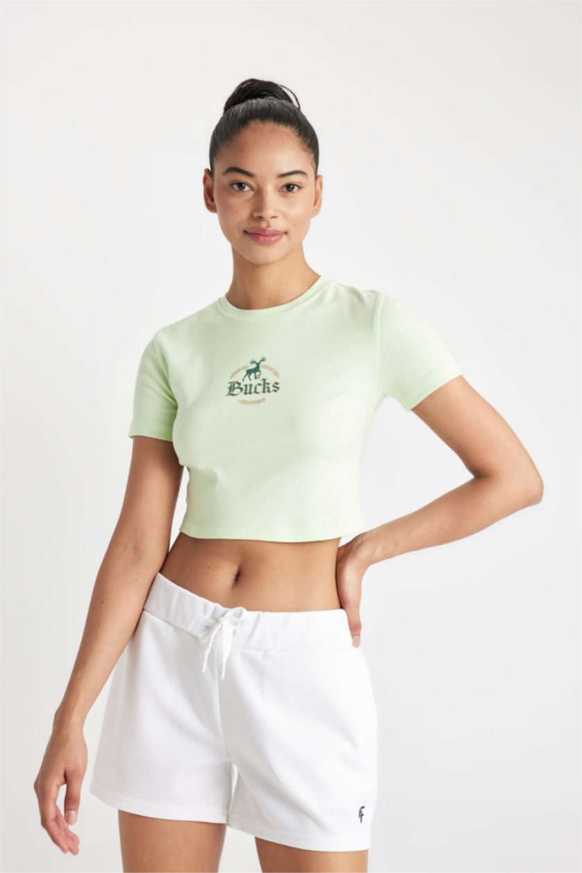 نساء Parlak Açık Yeşiil كروب توب رياضي مضلع برقبة مستديرة من ميلووكي باكس