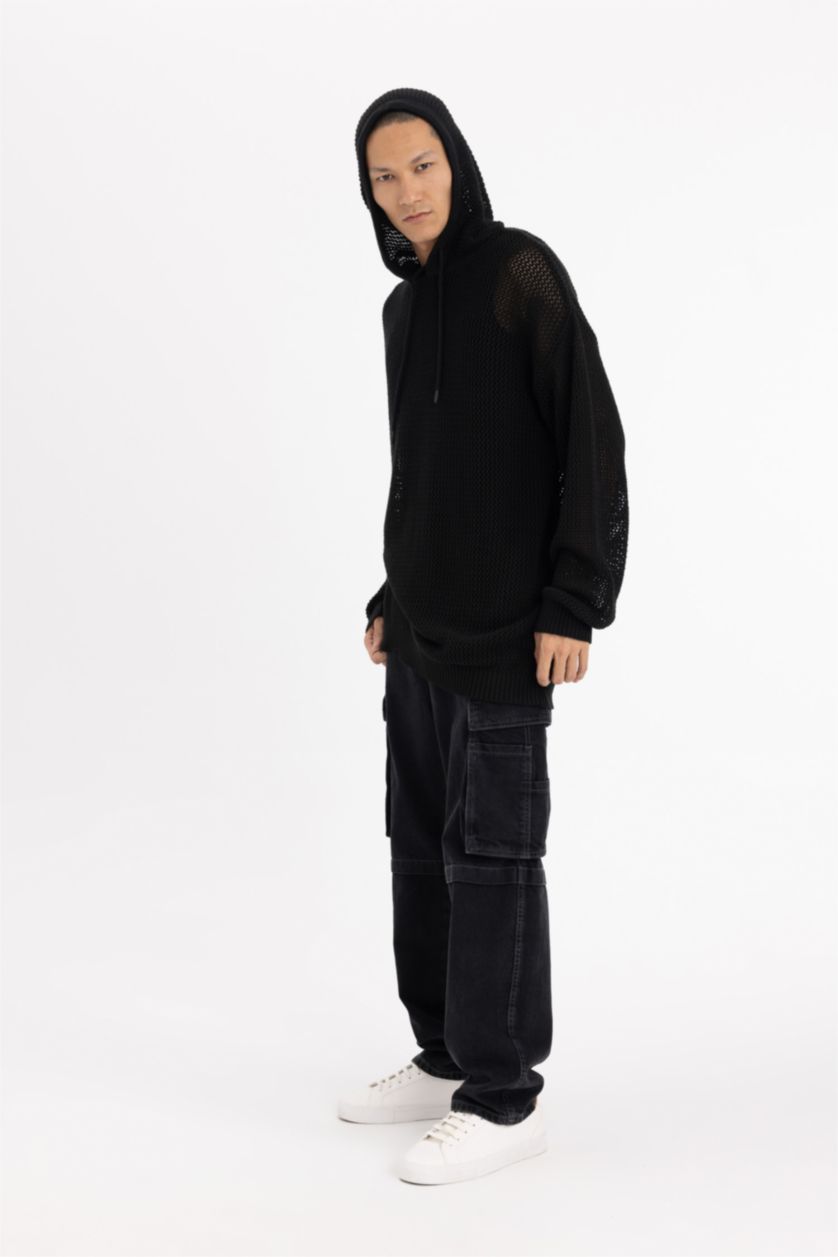 Erkek Siyah Regular Fit Kapüşonlu Kroşe Delikli Triko Sweatshirt