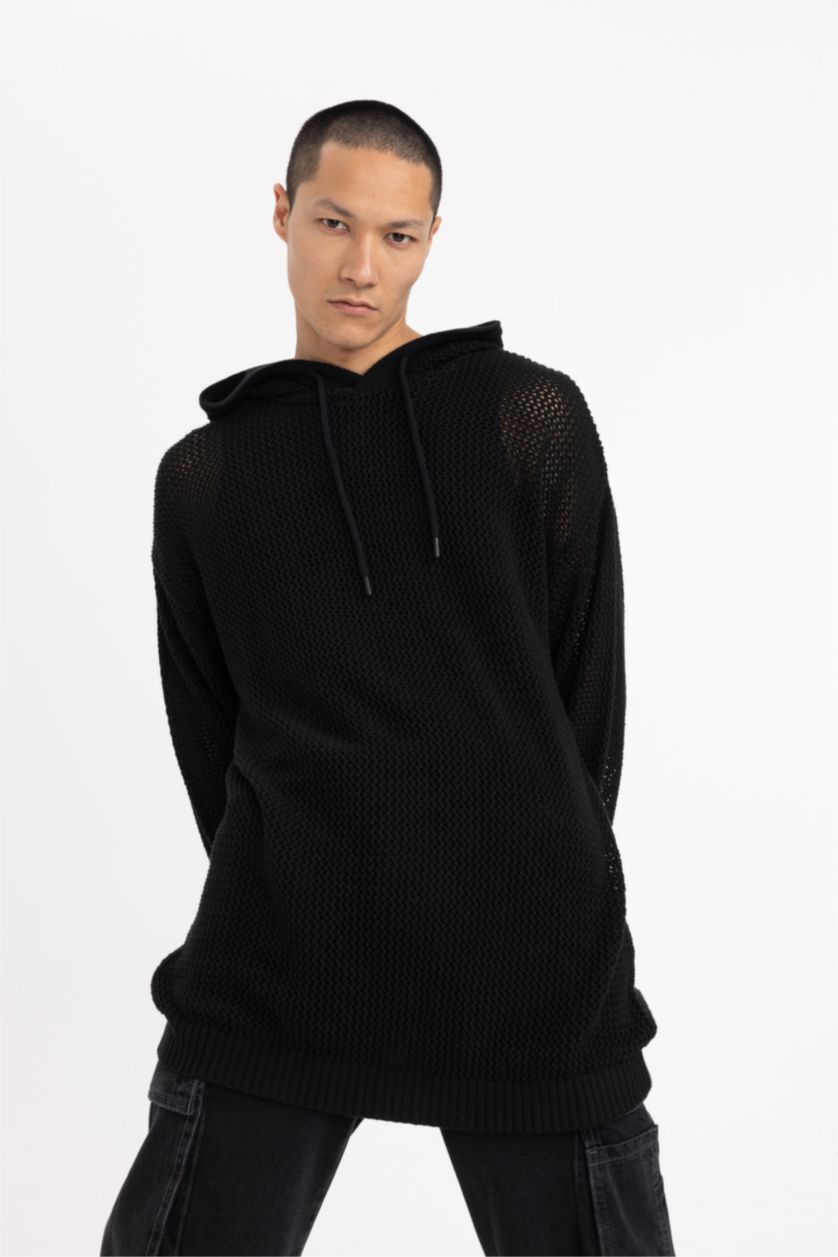 Erkek Siyah Regular Fit Kapüşonlu Kroşe Delikli Triko Sweatshirt