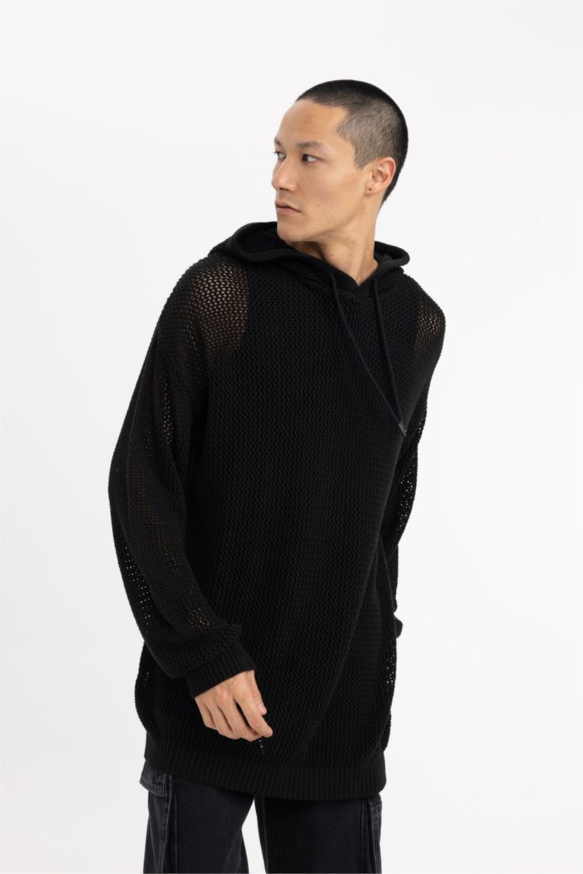 Erkek Siyah Regular Fit Kapüşonlu Kroşe Delikli Triko Sweatshirt
