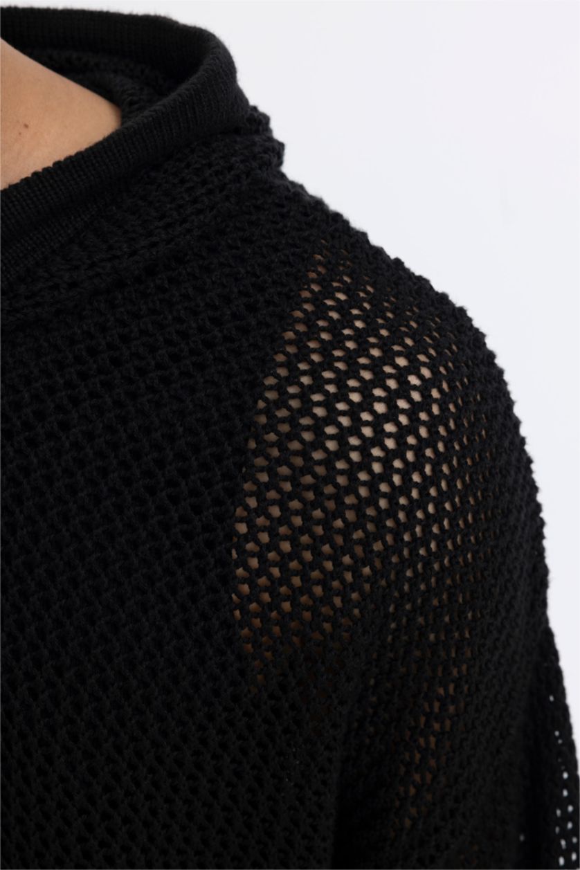 Erkek Siyah Regular Fit Kapüşonlu Kroşe Delikli Triko Sweatshirt