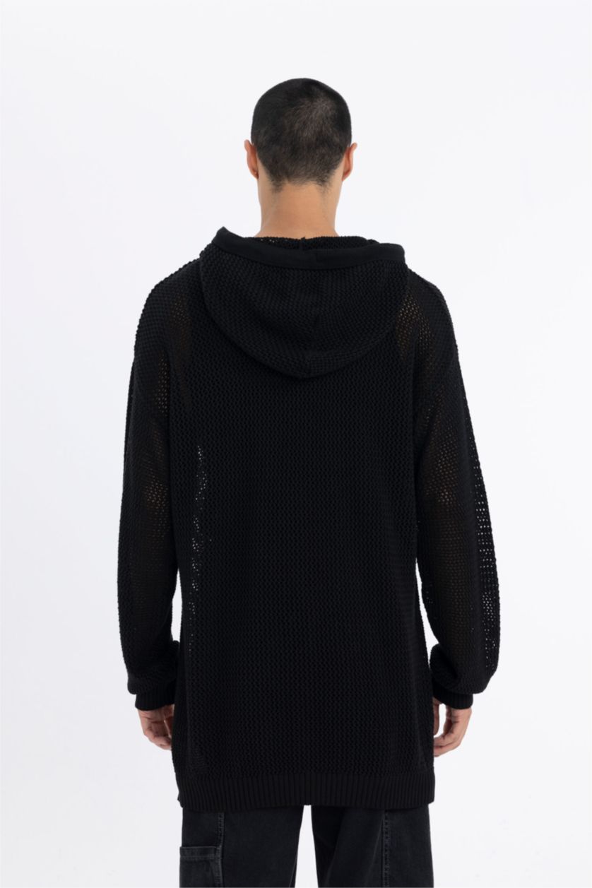 Erkek Siyah Regular Fit Kapüşonlu Kroşe Delikli Triko Sweatshirt