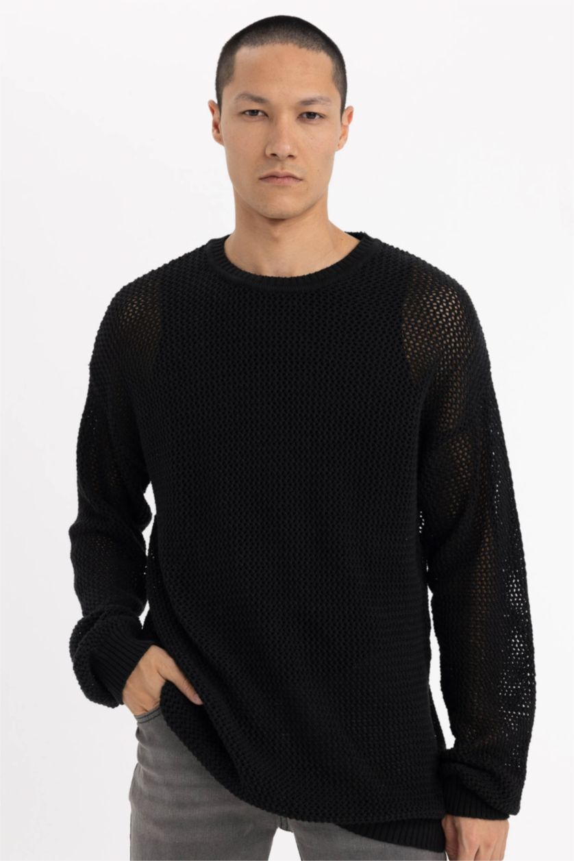 Erkek Siyah Regular Fit Bisiklet Yaka Kroşe Delikli Triko Sweatshirt