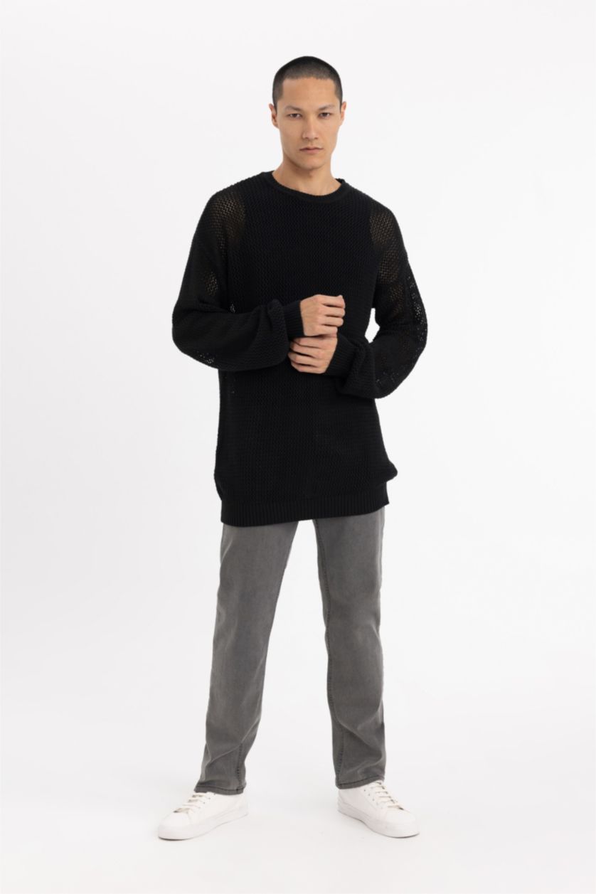 Erkek Siyah Regular Fit Bisiklet Yaka Kroşe Delikli Triko Sweatshirt