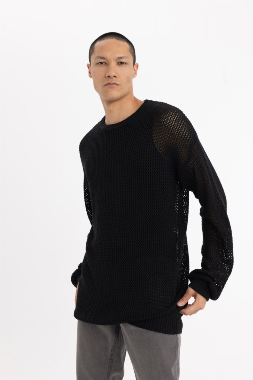 Erkek Siyah Regular Fit Bisiklet Yaka Kroşe Delikli Triko Sweatshirt