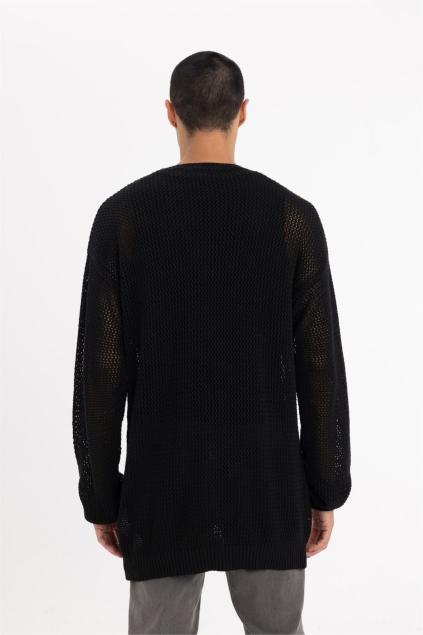 Erkek Siyah Regular Fit Bisiklet Yaka Kroşe Delikli Triko Sweatshirt