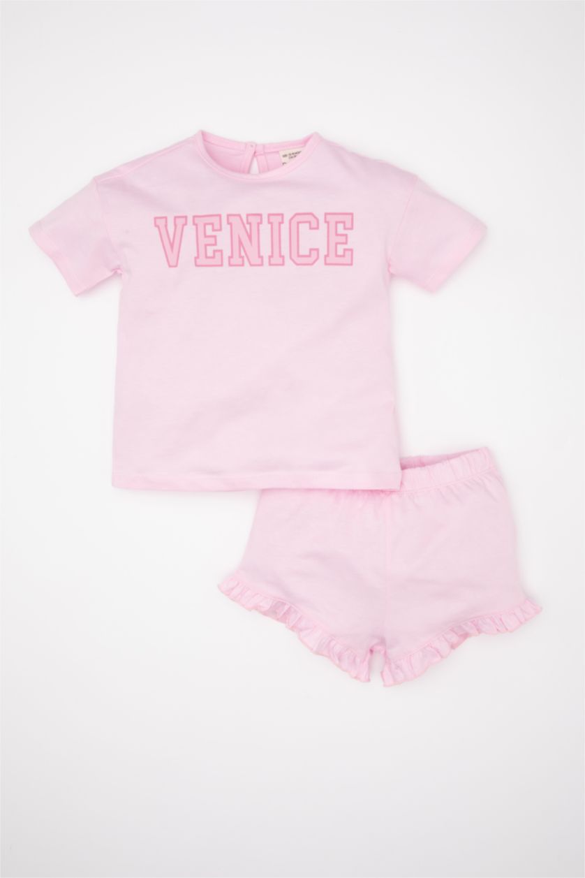 طفلة صغيرة زهري سيت بناتي شورت وتيشيرت بطبعة شعار - قطعتين