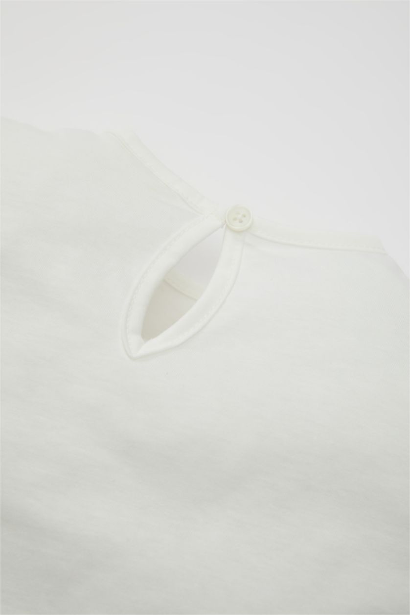 Kız Bebek Ekru Kız Bebek 2'li Takım Bisiklet Yaka Baskılı Kısa Kollu Tişört Desenli Şort