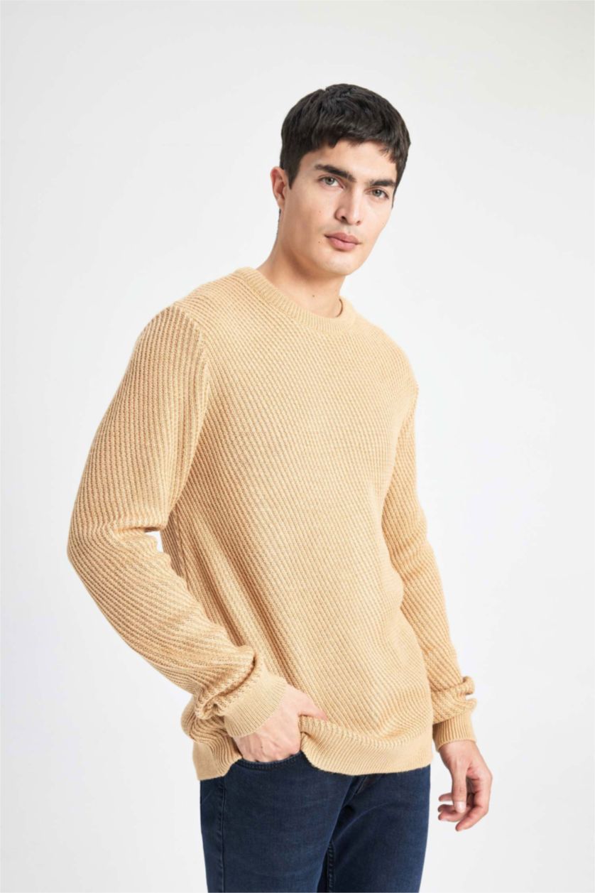 Ерлер ашық реңк стандарт пішім дөңгелек жаға трикотаж Пулловер