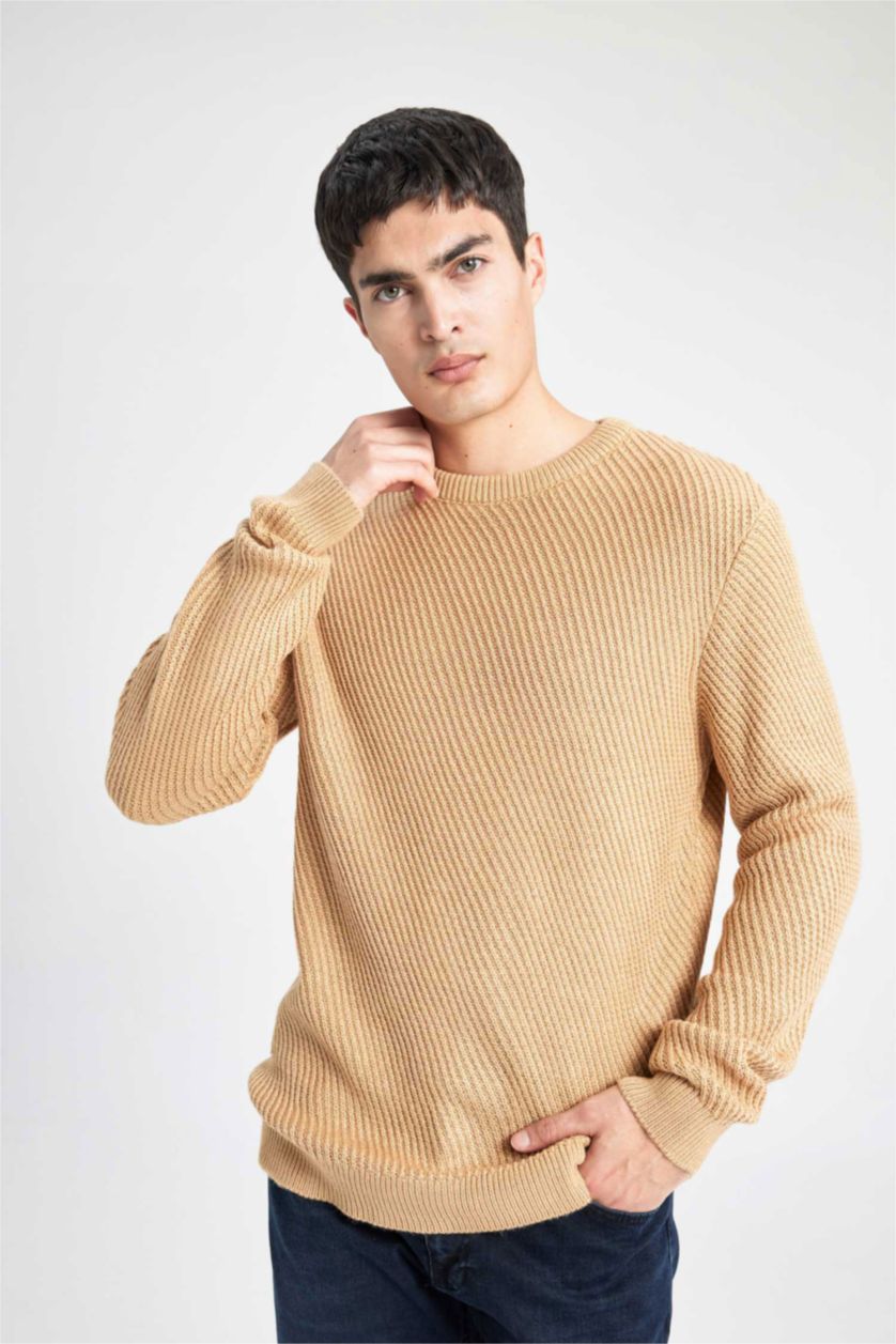 Ерлер ашық реңк стандарт пішім дөңгелек жаға трикотаж Пулловер