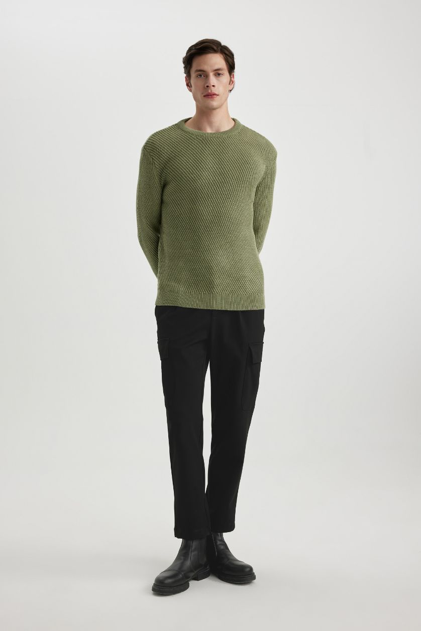 Мужчины Светлый хаки Свитер стандартного кроя с круглым вырезом