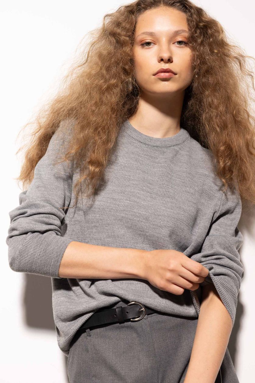 Kadın Açık Gri Regular Fit Yumuşak Dokulu Bisiklet Yaka Basic Düz Triko Kazak