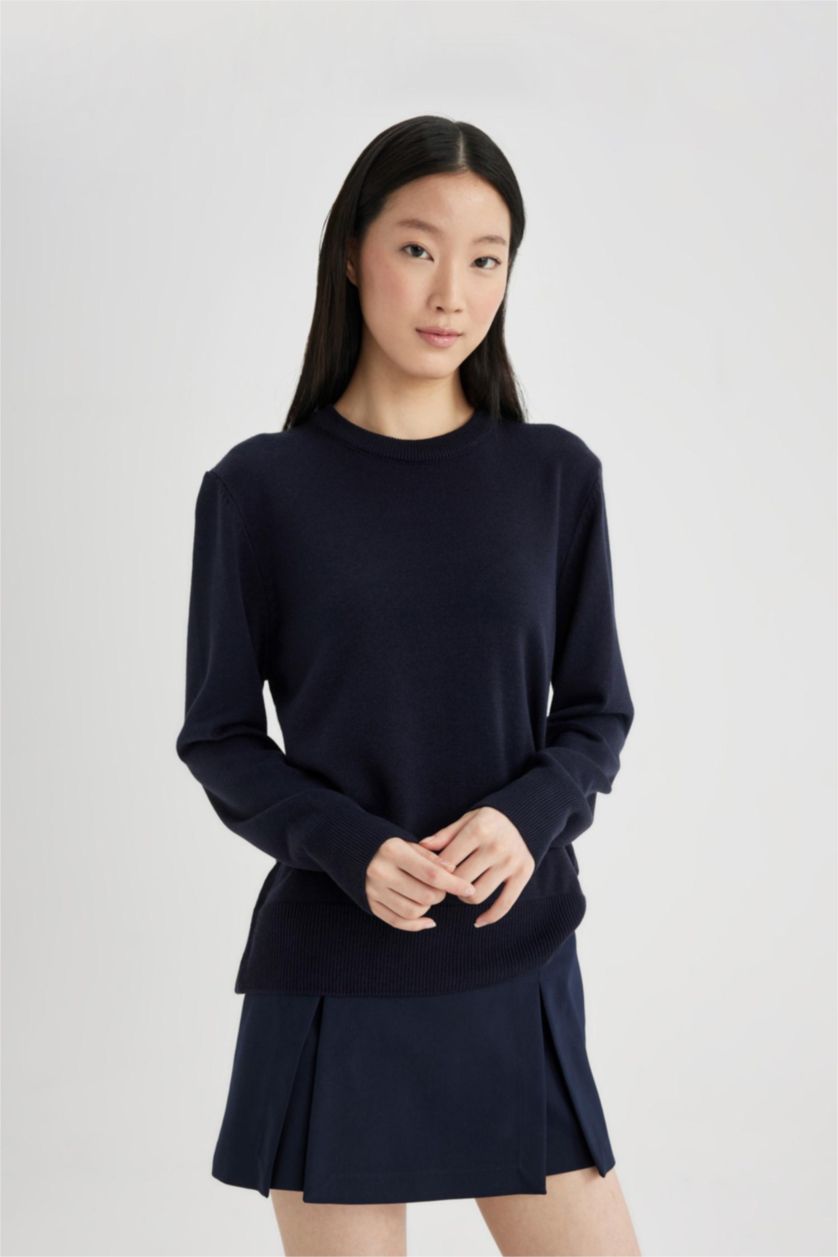 Kadın Lacivert Regular Fit Yumuşak Dokulu Bisiklet Yaka Basic Düz Triko Kazak