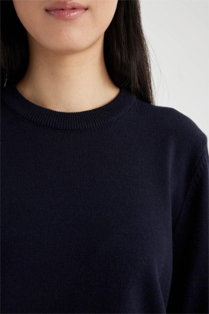 Kadın Lacivert Regular Fit Yumuşak Dokulu Bisiklet Yaka Basic Düz Triko Kazak