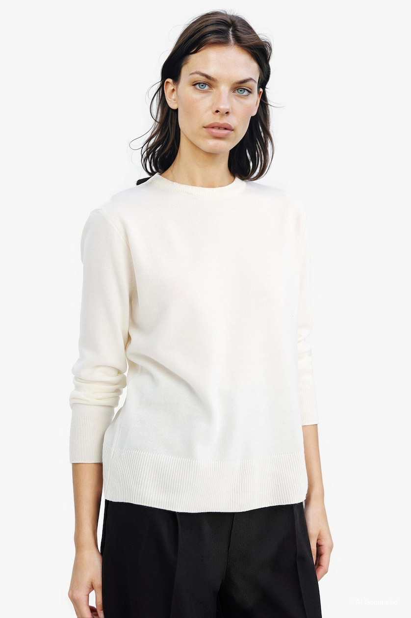 Women Ecru Relax Fit Crew Neck Knit Pullover